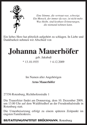 Traueranzeige von Johanna Mauerhöfer von KREISZEITUNG SYKE