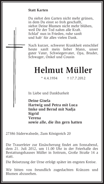 Traueranzeige von Helmut Müller von KREISZEITUNG SYKE