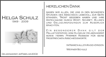 Traueranzeige von Helga Schulz von KREISZEITUNG SYKE