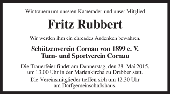 Traueranzeige von Fritz Rubbert von KRZ