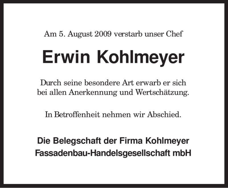  Traueranzeige für Erwin Kohlmeyer vom 06.08.2009 aus KREISZEITUNG SYKE
