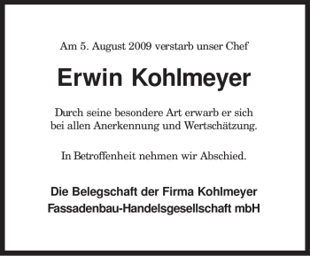 Traueranzeige von Erwin Kohlmeyer von KREISZEITUNG SYKE