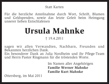 Traueranzeige von Ursula Mahnke von KREISZEITUNG SYKE