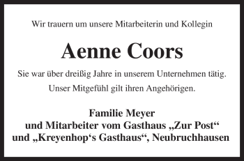 Traueranzeige von Aenne Coors von KREISZEITUNG SYKE