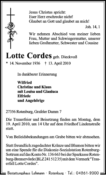 Traueranzeige von Lotte Cordes von KREISZEITUNG SYKE