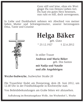 Traueranzeige von Helga Bäker von KREISZEITUNG SYKE