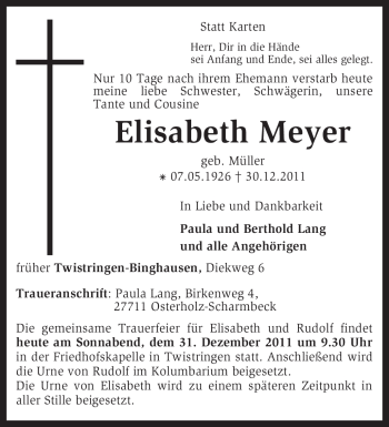 Traueranzeige von Elisabeth Meyer von KREISZEITUNG SYKE