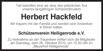 Traueranzeige von Herbert Hackfeld von KREISZEITUNG SYKE