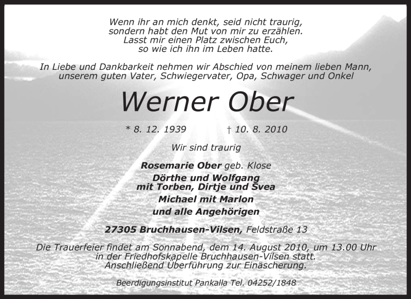  Traueranzeige für Werner Ober vom 12.08.2010 aus KREISZEITUNG SYKE