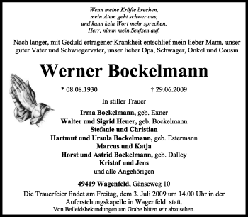 Traueranzeige von Werner Bockelmann von KREISZEITUNG SYKE