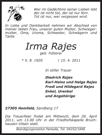 Traueranzeige von Irma Rajes von KREISZEITUNG SYKE