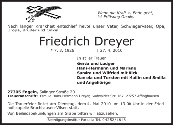 Traueranzeige von Friedrich Dreyer von KREISZEITUNG SYKE