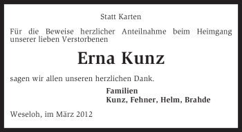 Traueranzeige von Erna Kunz von KREISZEITUNG SYKE