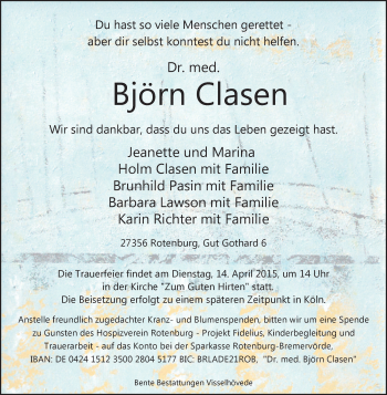 Traueranzeige von Björn Clasen von KRZ