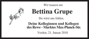 Traueranzeige von Bettina Grupe von KREISZEITUNG SYKE