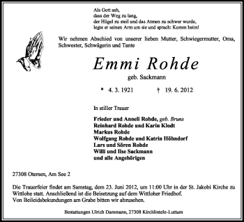 Traueranzeige von Emmi Rohde von KREISZEITUNG SYKE