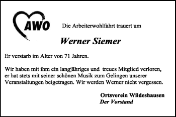 Traueranzeige von Werner Siemer von KREISZEITUNG SYKE