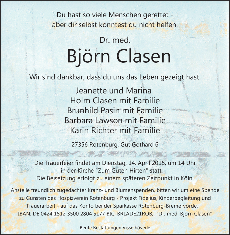  Traueranzeige für Björn Clasen vom 10.04.2015 aus KRZ