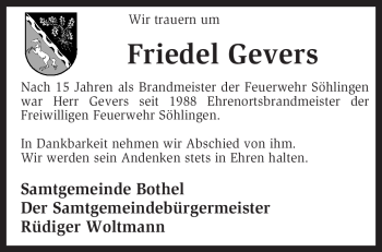 Traueranzeige von Friedel Gevers von KREISZEITUNG SYKE