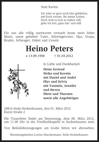 Traueranzeige von Heino Peters von KREISZEITUNG SYKE