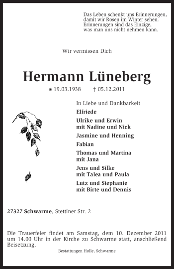 Traueranzeige von Hermann Lüneburg von KREISZEITUNG SYKE