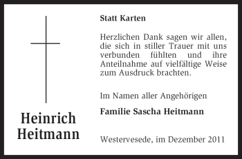 Traueranzeige von Heinrich Heitmann von KREISZEITUNG SYKE