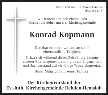 Traueranzeige von Konrad Kopmann von KRZ