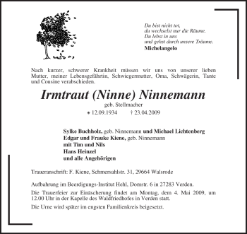 Traueranzeige von Irmtraut Ninnemann von KREISZEITUNG SYKE