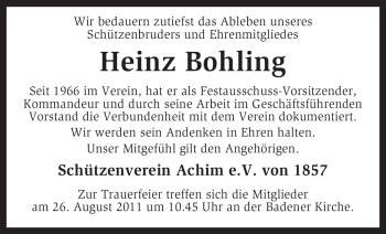 Traueranzeige von Heinz Bohling von KREISZEITUNG SYKE