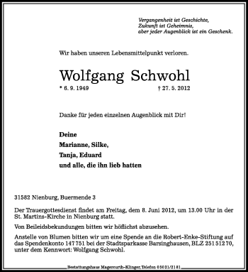 Traueranzeige von Wolfgang Schwohl von KREISZEITUNG SYKE