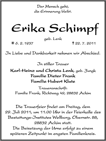 Traueranzeige von Erika Schimpf von KREISZEITUNG SYKE