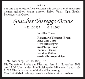 Traueranzeige von Günther Vieregge-Bruns von KREISZEITUNG SYKE