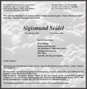 Traueranzeige von Sigismund Seidel von KREISZEITUNG SYKE