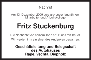 Traueranzeige von Fritz Stuckenburg von KREISZEITUNG SYKE