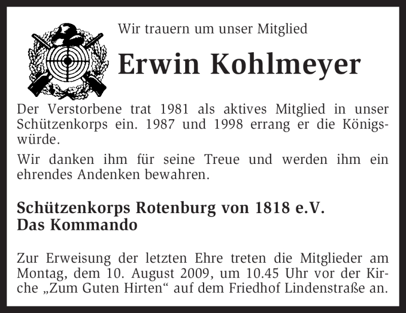  Traueranzeige für Erwin Kohlmeyer vom 06.08.2009 aus KREISZEITUNG SYKE