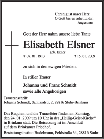 Traueranzeige von Elisabeth Elsner von KREISZEITUNG SYKE