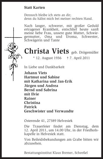 Traueranzeige von Christa Viets von KREISZEITUNG SYKE