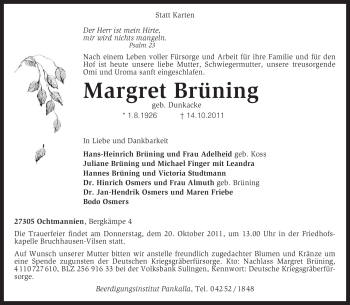 Traueranzeige von Margret Brüning von KREISZEITUNG SYKE