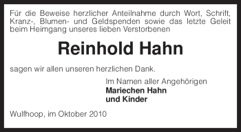 Traueranzeige von Reinhold Hahn von KREISZEITUNG SYKE