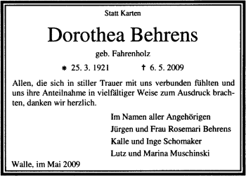 Traueranzeige von Dorothea Behrens von KREISZEITUNG SYKE