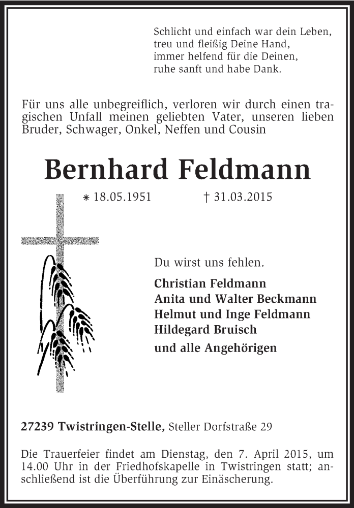  Traueranzeige für Bernhard Feldmann vom 04.04.2015 aus KRZ