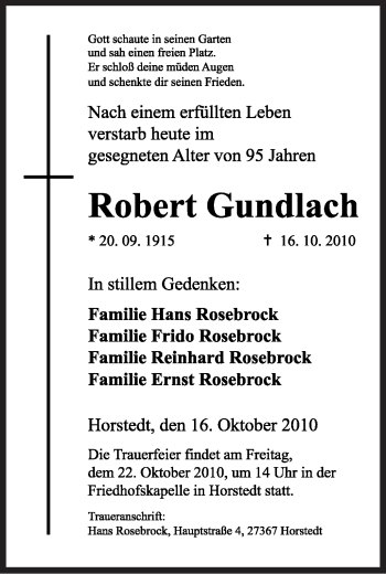 Traueranzeige von Robert Gundlach von KREISZEITUNG SYKE