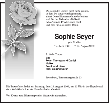 Traueranzeige von Sophie Seyer von KREISZEITUNG SYKE