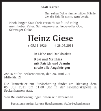 Traueranzeige von Heinz Giese von KREISZEITUNG SYKE