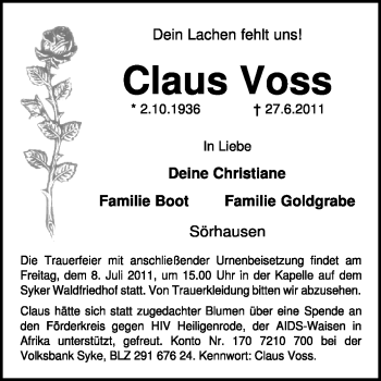 Traueranzeige von Claus Voss von KREISZEITUNG SYKE