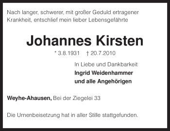 Traueranzeige von Johannes Kirsten von KREISZEITUNG SYKE