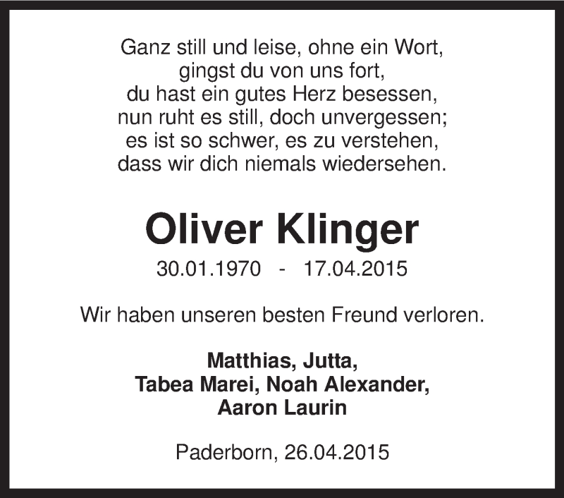  Traueranzeige für Oliver Klinger vom 28.04.2015 aus KRZ