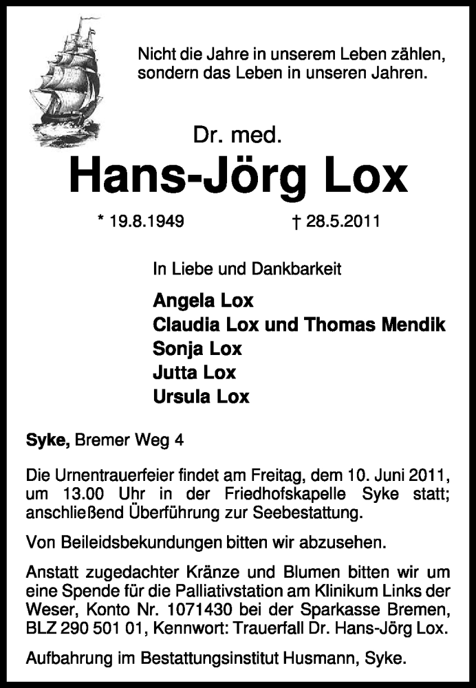  Traueranzeige für Hans-Jörg Lox vom 01.06.2011 aus KREISZEITUNG SYKE