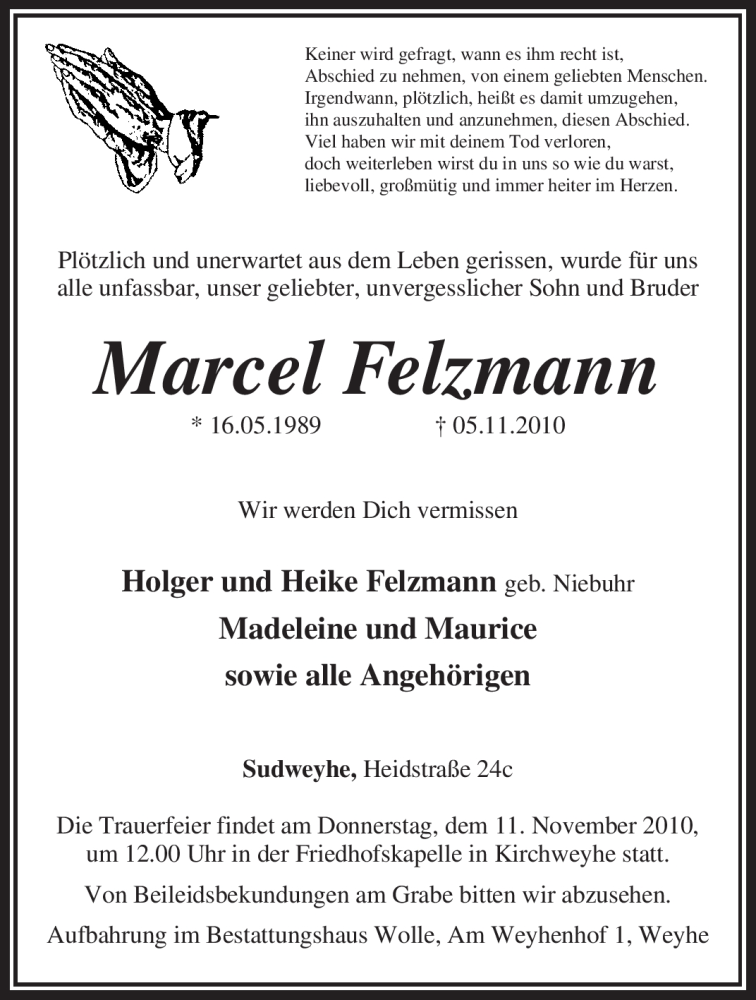  Traueranzeige für Marcel Felzmann vom 08.11.2010 aus KREISZEITUNG SYKE