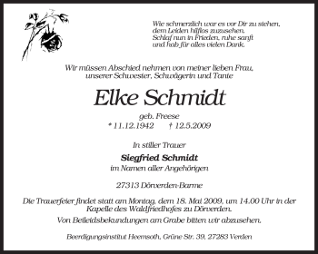 Traueranzeige von Elke Schmidt von KREISZEITUNG SYKE